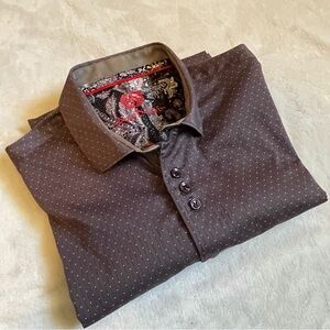 Au Noir Mens Button-Down Shirt Sz 3 (M) Gray White Dots Contrasting Flip Cuff
